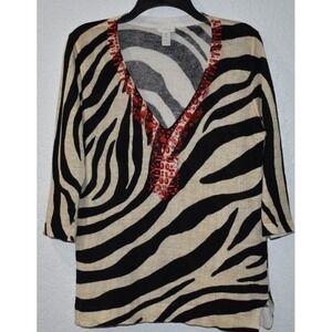 Chicos 0 Small Tunic Linen Blend Sweater 3/4 Slv Beaded Animal V-neck Pullover